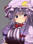  bad_id bad_twitter_id blue_ribbon blush book breasts capelet crescent crescent_hair_ornament dress grey_background hair_ornament hair_ribbon hat large_breasts looking_away mob_cap patchouli_knowledge purple_eyes purple_hair red_ribbon ribbon simple_background solo striped striped_dress touhou ururu1998 