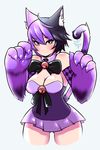  animal_ears bare_shoulders bell black_hair bow bowtie breasts cat_ears cat_tail cheshire_cat_(monster_girl_encyclopedia) cleavage da3rd detached_collar highres large_breasts looking_at_viewer monster_girl_encyclopedia multicolored_hair paw_pose paws purple_hair signature simple_background smile solo tail tail_raised two-tone_hair white_background 
