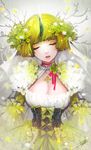  bangs blunt_bangs bow choker closed_eyes clover clover_(flower) corset danhu eyelashes flower four-leaf_clover green green_bow green_hair hair_flower hair_ornament highres horn original personification petals pink_ribbon ribbon short_hair signature solo upper_body 