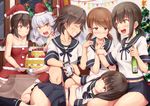  angry arm_grab bangs bare_shoulders black_hair blue_hair blunt_bangs blush braid breasts brown_eyes brown_hair cake candlelight cellphone christmas christmas_ornaments christmas_tree closed_eyes collarbone detached_collar food fubuki_(kantai_collection) grin hat hatsuyuki_(kantai_collection) ichikawa_feesu indoors isonami_(kantai_collection) jitome kantai_collection kotatsu lap_pillow light_brown_hair light_smile long_hair looking_at_another looking_down lying_on_lap messy_hair miniskirt miyuki_(kantai_collection) multiple_girls murakumo_(kantai_collection) off_shoulder open_mouth phone pleated_skirt santa_costume santa_hat school_uniform seiza serafuku shirayuki_(kantai_collection) short_hair short_ponytail short_twintails sidelocks sitting skirt small_breasts smartphone smile table twin_braids twintails yellow_eyes 