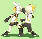  1girl 2011 arm_warmers belt birthday black_shorts blonde_hair bow cake cake_in_face food food_on_face fruit full_body green_background hair_bow hairband headphones in_the_face kagamine_len kagamine_rin leg_warmers legs_apart necktie pie_in_face plate ponytail prank rindo sailor_collar shirt short_hair short_sleeves shorts simple_background sleeveless sleeveless_shirt standing strawberry vocaloid white_bow white_shirt yellow_neckwear 