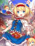  alice_margatroid apple blonde_hair bloomers blue_dress blue_eyes blue_sky bow building capelet cloud day dress dress_lift food fruit hair_bow hair_ornament hairband lolita_hairband looking_at_viewer open_mouth sash shanghai_doll skirt_basket sky smile touhou umagenzin underwear wind 
