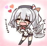  :d beret black_legwear blush breasts buttons chibi commentary_request epaulettes fang gloves hat heart jacket jako_(jakoo21) kantai_collection kashima_(kantai_collection) kemonomimi_mode kerchief large_breasts long_hair military military_uniform miniskirt open_mouth pleated_skirt silver_hair skirt smile socks solo tail tail_wagging translated twintails uniform wavy_hair white_gloves 