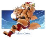  2015 anthro antlers athletic bag biceps big_muscles blue_eyes boots bridle canine christmas claws clothed clothing cute detailed_background dog english_text fingerless_gloves footwear fur furgonomics gift gloves harness hat holidays horn male male/male mammal moon muscular muscular_male pawpads piggyback red_nose santa_hat shirt shorts size_difference sky smile star studded_armband takemoto_arashi tan_fur text toe_claws wristband 