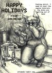  2015 abdominal_bulge anal anthro arkomeda breasts butt caprine christmas clothed clothing crouching dildo female frustrated fur hair holidays horn humor mammal monochrome open_mouth pencil_(artwork) sex_toy simple_background traditional_media_(artwork) tree 