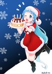  alternate_costume black_footwear blue_eyes blue_hair blush boots cake candle carrying christmas commentary food hat kantai_collection knee_boots long_hair looking_at_viewer one_eye_closed open_mouth outline plate samidare_(kantai_collection) santa_costume santa_hat snowflake_background solo twitter_username very_long_hair white_outline yokoshima_(euphoria) 