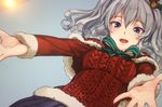  :d akasaai aran_sweater bangs bell blue_eyes bow capelet fur-trimmed_capelet fur-trimmed_sleeves fur_trim hair_bell hair_ornament kantai_collection kashima_(kantai_collection) long_sleeves neck_ribbon open_mouth outstretched_arms red_capelet ribbon silver_hair smile solo sweater 