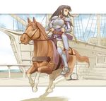  armor armored_boots astrid_(fire_emblem) belt black_hair boots bow_(weapon) fire_emblem fire_emblem:_souen_no_kiseki gauntlets harbor horse horseback_riding long_hair looking_to_the_side nonji_(sayglo_halo) pants quiver riding serious solo weapon white_pants 
