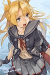  abukuma_(kantai_collection) bike_shorts black_gloves blonde_hair blue_eyes dated double_bun fingerless_gloves gloves kantai_collection open_mouth pleated_skirt remodel_(kantai_collection) skirt solo teeth toro_(konirio) twintails twitter_username 