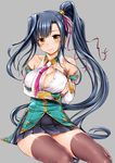  bare_shoulders black_hair blush breasts cleavage commentary_request ganari_ryuu highres kan'u koihime_musou large_breasts long_hair looking_at_viewer necktie ponytail side_ponytail sitting smile solo thighhighs very_long_hair yellow_eyes yokozuwari 