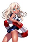  ass blonde_hair blue_eyes blush bright_pupils cowboy_shot crop_top floating_hair flower from_behind hair_flower hair_ornament kantai_collection kyon_(fuuran) lifebuoy long_hair looking_at_viewer looking_back one-piece_tan open_mouth ro-500_(kantai_collection) round_teeth sailor_collar school_swimsuit simple_background smile solo swimsuit swimsuit_under_clothes tan tanline teeth twisted_torso white_background 