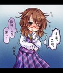  brown_eyes brown_hair check_translation dress glasses jewelry long_sleeves necklace no_hat no_headwear one_eye_closed open_mouth pote_(ptkan) purple_dress quimbaya_airplane red-framed_eyewear shirt solo touhou translation_request trembling unmoving_pattern usami_sumireko 