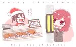  ^_^ bird black_hair blush bobblehat bow chicken chicken_(food) christmas closed_eyes food fried_chicken fugace hair_ornament hat hiding lamppost long_hair love_live! love_live!_school_idol_project meat merry_christmas multiple_girls nishikino_maki open_mouth outdoors pole price_tag purple_eyes red_hair road santa_costume santa_hat short_hair smile street teeth translated trembling twintails wavy_mouth yazawa_nico yuri 