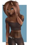  belt black_clothes blue_eyes bracelet brown_fur brown_markings canine clothing ear_piercing emo female fur jewelry lips lipstick looking_at_viewer mammal pants piercing punk shazzi shirt simple_background smile solo wolf 
