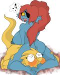  2015 absurd_res alphys anthro anus belly big_breasts blpanda blush breasts butt couple cute eyewear female fish hair hi_res mammal marine monster nipples overweight red_hair reptile scalie sharp_teeth teeth undertale video_games 