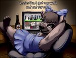  alcohol anthro bear beer beverage bow carrot_(artist) clothing computer cub demon digital_media_(artwork) dress english_text female food inkbunny inside keyboard lagomorph looking_at_viewer mammal penance rabbit reclining smile solo text uhoh young 
