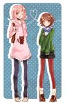  1girl akimaru138 alternate_costume bangs brown_hair danganronpa danganronpa_1 fujisaki_chihiro height_difference image_sample looking_at_viewer nanami_chiaki one_eye_closed open_mouth otoko_no_ko parted_bangs pigeon-toed pink_eyes pink_hair pixiv_sample polka_dot polka_dot_background short_hair smile super_danganronpa_2 yawning yellow_eyes 