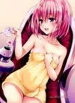  :d absurdres areola_slip areolae blush breasts collarbone covered_navel demon_tail dutch_angle fingernails hair_between_eyes hand_on_own_chest highres long_fingernails looking_at_viewer medium_breasts momo_velia_deviluke naked_towel official_art open_mouth pink_hair purple_eyes scan sitting smile solo sparkle tail to_love-ru to_love-ru_darkness towel vase wet wet_hair yabuki_kentarou yellow_towel 