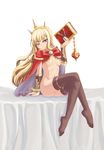  ass bed_sheet black_legwear blonde_hair blush book bracelet breasts cagliostro_(granblue_fantasy) cape crossed_legs crown enoko_(zqfebi) granblue_fantasy highres jewelry legs long_hair nipples purple_eyes simple_background sitting small_breasts solo thighhighs thighs white_background 