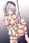  bdsm blush bondage bound breasts cleave_gag cloth_gag clothes_pin collarbone gag gagged grey_eyes hat improvised_gag kantai_collection kashima_(kantai_collection) kishimen lactation large_breasts leg_up looking_at_viewer military military_uniform nipple_clamps nipples one_eye_closed pussy_juice saliva shibari silver_hair solo sweat tears twintails uniform 