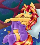  2015 ambris anthro anthrofied bed breasts clothing cyan_eyes equestria_girls equine eyelashes female hair horn inside legwear long_hair looking_at_viewer mammal multicolored_hair my_little_pony nipple_slip nipples pillow smile solo stockings sunset_shimmer_(eg) two_tone_hair unicorn window 