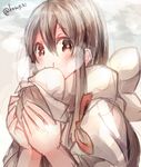  1girl akagi_(kantai_collection) artist_name baozi blush brown_eyes brown_hair cloud cloudy_sky eating food hair_between_eyes holding holding_food japanese_clothes kantai_collection long_hair looking_at_viewer looking_to_the_side nontraditional_miko sky solo straight_hair sugino_(patrassyar) 