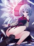  angel_wings boots convenient_leg cross-laced_footwear dress feathers hand_to_own_mouth jacket kishin_sagume long_sleeves open_clothes open_jacket purple_dress purple_eyes sakurame silver_hair single_wing sitting solo thick_thighs thighs touhou wide_hips wings 