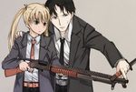  1girl bayonet belt black_eyes black_hair blonde_hair blue_eyes formal gun gunslinger_girl hand_on_another's_shoulder necktie shotgun simple_background suit triela trigger_discipline umoo_futon victor_hillshire weapon winchester_model_1897 