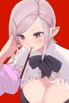  adjusting_hair bad_id bad_pixiv_id breasts cleavage detached_sleeves elezen elf final_fantasy final_fantasy_xiv food from_above large_breasts lavender_hair mouth_hold pink_eyes pocky pointy_ears potion_lilac red_background short_hair simple_background solo 
