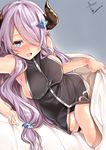  aqua_eyes bed_invitation black_dress blush breasts commentary_request demon_horns draph dress granblue_fantasy hair_ornament hair_over_one_eye heart heart-shaped_pupils horns large_breasts lavender_hair lifting_covers long_hair looking_at_viewer lying narmaya_(granblue_fantasy) on_side open_mouth sideboob smile solo symbol-shaped_pupils very_long_hair yappen 