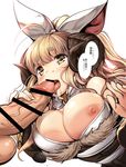  ajishio anila_(granblue_fantasy) blonde_hair blush breasts brown_eyes censored cleavage draph eyebrows fellatio granblue_fantasy horns large_breasts long_hair looking_at_another nipple_slip nipples open_mouth oral penis sheep_horns smile solo_focus tongue tongue_out translation_request 