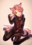  animal_ears bell blue_eyes cat_ears cat_tail coat fangs full_body idolmaster idolmaster_side-m jewelry jingle_bell kabuto_daigo male_focus necklace open_mouth paw_pose pink_hair shigaraki_(strobe_blue) smile solo tail 