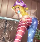  adworse american_flag_dress american_flag_legwear ass blonde_hair blush clownpiece fairy_wings hat jester_cap long_hair looking_at_viewer looking_back open_mouth panties pantyhose red_eyes solo touhou underwear white_panties wings 