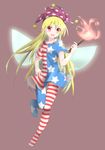  american_flag_dress american_flag_legwear blonde_hair clownpiece fairy_wings full_body hat highres hiro_(pqtks113) jester_cap long_hair open_mouth pantyhose red_eyes smile solo torch touhou very_long_hair wings 