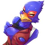  anthro avian blush breasts chest_tuft clothed clothing crossgender falco_lombardi featureless_breasts female fur nintendo partially_clothed presenting simple_background solo star_fox tebamotoko tuft video_games white_background 