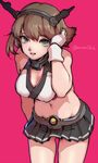  adjusting_hair artist_name ass_visible_through_thighs breasts brown_hair cleavage cleavage_cutout gloves green_eyes groin kantai_collection katsuoboshi large_breasts leaning_forward miniskirt mutsu_(kantai_collection) navel pink_background short_hair skirt smile solo 