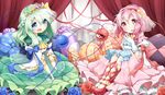  alternate_costume ankle_lace-up arm_ribbon ass bed blue_eyes blue_flower blue_rose braid bridal_veil canopy_bed clown_222 cross-laced_footwear fingers_together flower gloves green_hair hair_ornament hairband heart juliet_sleeves komeiji_koishi komeiji_satori long_sleeves multiple_girls open_mouth pillow pink_eyes pink_hair puffy_sleeves red_flower red_rose ribbon rose shirt siblings sisters skirt third_eye touhou veil white_gloves 