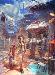  black_eyes black_hair bottle clothesline dogmeat drum_(container) fallout fallout_4 gloves highres jacket lack open_clothes open_jacket post-apocalypse power_armor short_hair short_shorts shorts sleeves_rolled_up smile wrench 