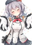  bag blush breasts closed_eyes epaulettes gloves hat heart highres igakusei incoming_hug incoming_kiss kantai_collection kashima_(kantai_collection) large_breasts military military_uniform outstretched_arms silver_hair skirt solo twintails uniform white_gloves 