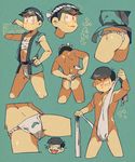  ass bangs brown_hair dressing eyewear_on_head fundoshi hachimaki happi headband heart heart_in_mouth highres how_to japanese_clothes katupuraamen male_focus matsuno_karamatsu multiple_views nejiri_hachimaki osomatsu-kun osomatsu-san plank rokushaku_fundoshi sarashi simple_background smile sunglasses swept_bangs teal_background tying_fundoshi 