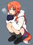  animal_ears arf bad_id bad_pixiv_id bangs black_footwear blue_eyes blush boots breath can coat forehead_jewel full_body fur_trim hood hood_down hooded_jacket jacket long_hair looking_at_viewer lyrical_nanoha mahou_shoujo_lyrical_nanoha mittens nagashiro_rouge orange_hair parted_bangs plaid red_hair shorts simple_background soda_can solo squatting tail winter_clothes 