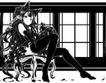  animal_ears cat_ears chair commentary_request dress elbow_gloves full_body gloves greyscale highres long_hair monochrome shibano_kaito sitting solo thighhighs very_long_hair 