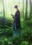  bangs black_gloves blue_hair flower forest from_side full_body gloves hair_between_eyes hair_ornament holding holding_flower japanese_clothes katana lily_pad male_focus mikazuki_munechika nature outdoors sayagata sheath sheathed solo standing sword takano_takao tassel touken_ranbu tree watermark weapon web_address white_flower wide_sleeves 
