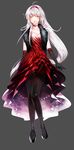  ahoge black_footwear black_gloves black_legwear choker dan_(astsr1) elbow_gloves elsword eve_(elsword) expressionless feather_boa full_body gloves grey_background hairband highres long_hair looking_at_viewer pantyhose red_skirt shoes skirt solo very_long_hair white_hair yellow_eyes 