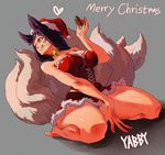  &lt;3 2015 ahri animal_humanoid bell big_breasts black_hair breasts canine christmas cleavage clothed clothing collar cookie facial_markings female food fox fox_humanoid hair hat holidays human humanoid league_of_legends long_hair looking_back mammal markings multiple_tails santa_hat simple_background smile solo text thick_thighs video_games yabby yellow_eyes 