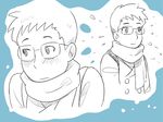  blue_background blush coat expressions extra glasses glasses_boy_(osomatsu-san) kayoko_(panchlora) looking_away male_focus osomatsu-san scarf simple_background sketch smile solo spiked_hair upper_body winter_clothes 