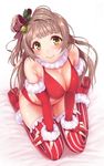  bare_shoulders bikini blush_stickers breasts christmas cleavage detached_sleeves embarrassed fingerless_gloves from_above gloves hands_on_own_knees kichiroku large_breasts light_brown_hair long_hair looking_at_viewer looking_up love_live! love_live!_school_idol_project midriff minami_kotori one_side_up red_bikini red_legwear seiza sitting solo swimsuit thighhighs yellow_eyes 