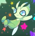  artist_name big_eyes blue_eyes celebi commentary creatures_(company) dark_background floating game_freak gen_2_pokemon gradient gradient_background green_background multicolored nintendo no_humans outstretched_arms pokemon pokemon_(creature) purpleninfy sparks star 