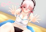  blush breasts cleavage commentary_request covered_nipples dd_mayohara headphones large_breasts long_hair looking_at_viewer navel nipples nitroplus one_eye_closed pink_eyes pink_hair see-through solo stretch super_sonico trembling wet wet_clothes 