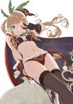  ;) absurdres bag blonde_hair cape christmas clarisse_(granblue_fantasy) closed_mouth epi_zero gloves granblue_fantasy green_eyes hat highres leaf long_hair one_eye_closed sack santa_hat smile solo thighhighs v v_over_eye 